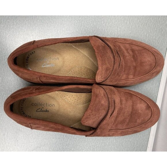 WOMEN'S Clarks Ultimate Comfort Brown Suede Penny Loafers Size 6.5 Flats Shoes - Picture 8 of 15